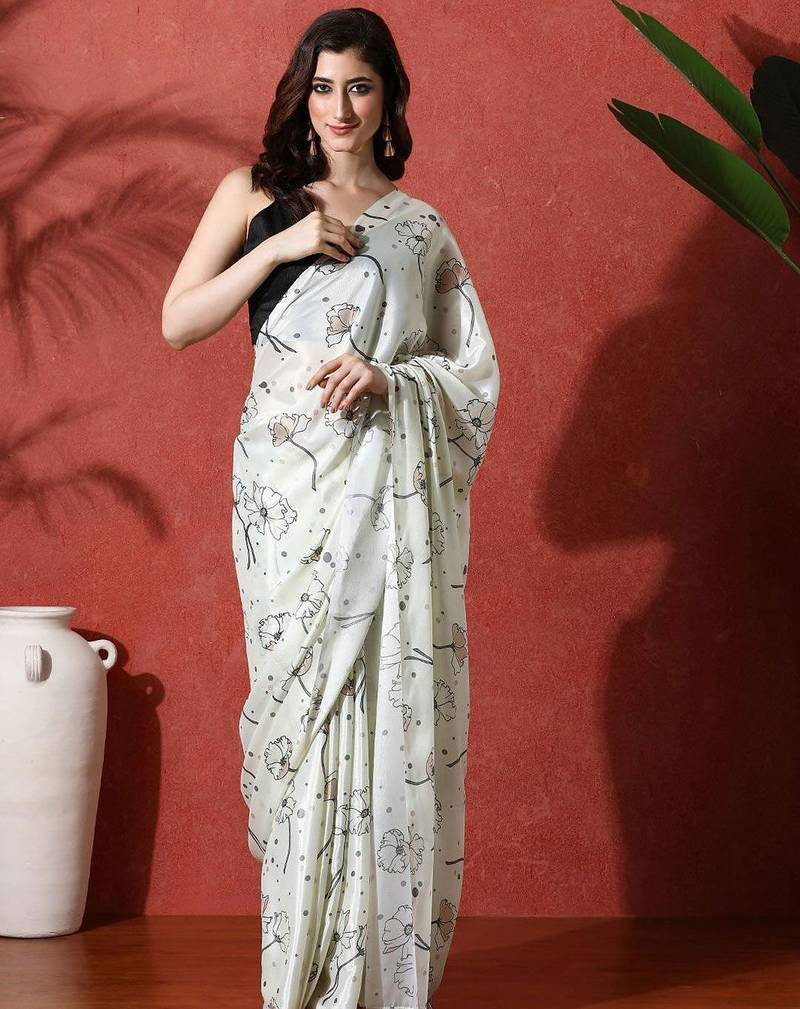 Lime ready to wear satin floral digital printed saree