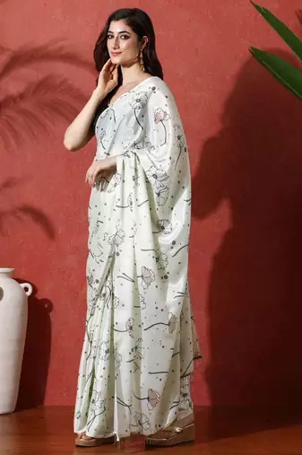 Lime ready to wear satin floral digital printed saree