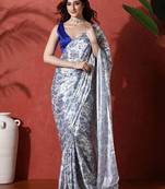White ready to wear satin floral digital printed saree