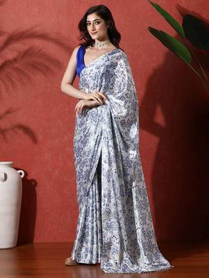 White ready to wear satin floral digital printed saree 2