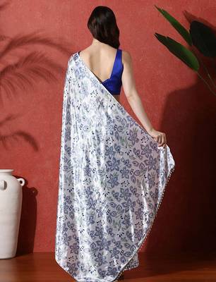 White ready to wear satin floral digital printed saree 3