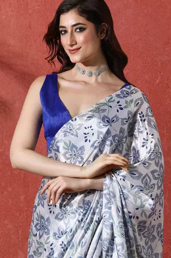 White ready to wear satin floral digital printed saree