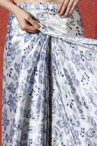 White ready to wear satin floral digital printed saree