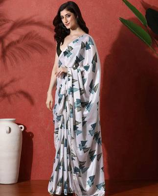 White ready to wear satin floral digital printed saree 2