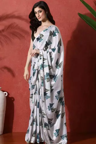 White ready to wear satin floral digital printed saree