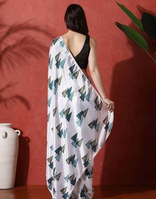 White ready to wear satin floral digital printed saree 3