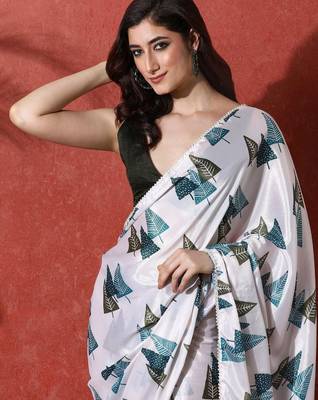 White ready to wear satin floral digital printed saree 4