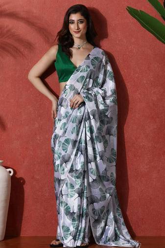 Grey ready to wear satin floral digital printed saree