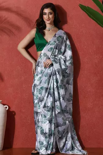Grey ready to wear satin floral digital printed saree