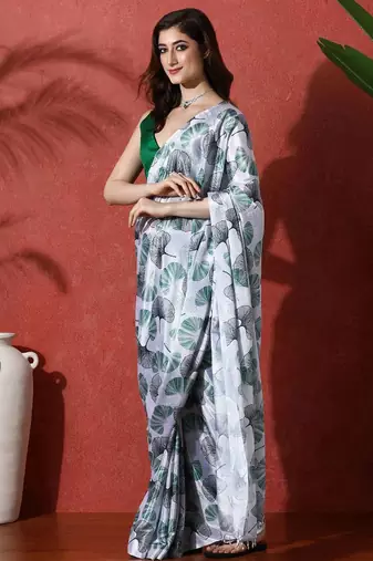Grey ready to wear satin floral digital printed saree