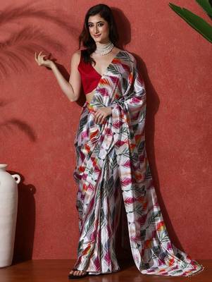 Grey ready to wear satin floral digital printed saree 1