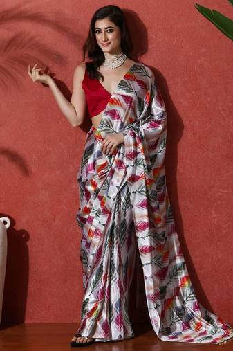 Grey ready to wear satin floral digital printed saree