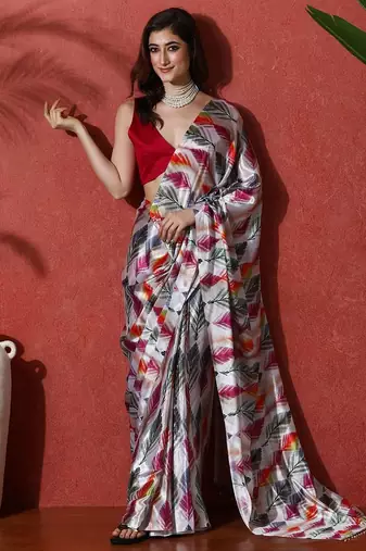 Grey ready to wear satin floral digital printed saree