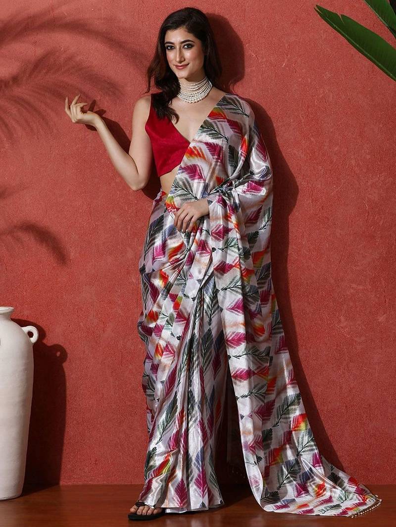 Grey ready to wear satin floral digital printed saree
