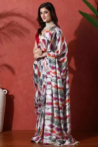 Grey ready to wear satin floral digital printed saree