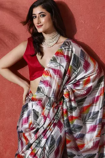 Grey ready to wear satin floral digital printed saree