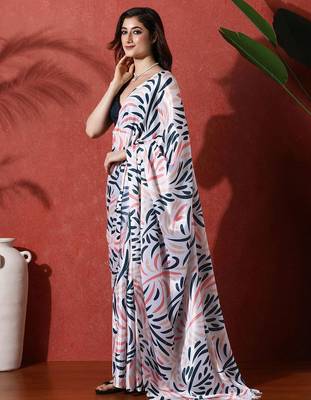 White ready to wear satin floral digital printed saree 2