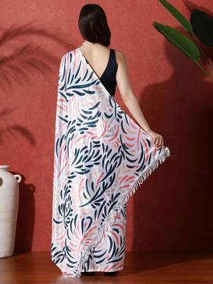 White ready to wear satin floral digital printed saree 3