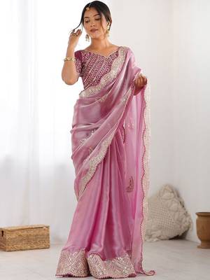 Pink tissue silk sequin embroideried scollped border festive blouse piece & sarees 1
