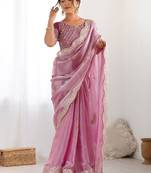 Pink tissue silk sequin embroideried scollped border festive blouse piece & sarees