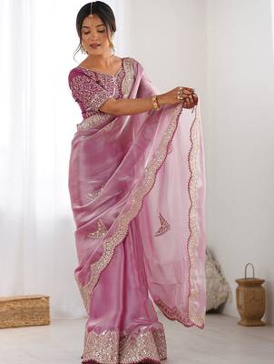 Pink tissue silk sequin embroideried scollped border festive blouse piece & sarees 2