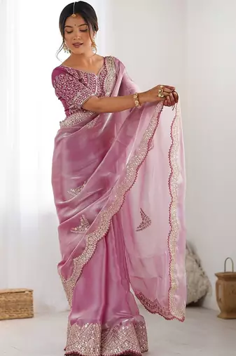 Pink tissue silk sequin embroideried scollped border festive blouse piece & sarees
