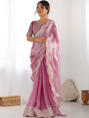 Pink tissue silk sequin embroideried scollped border festive blouse piece & sarees 3
