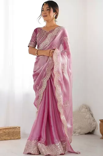 Pink tissue silk sequin embroideried scollped border festive blouse piece & sarees