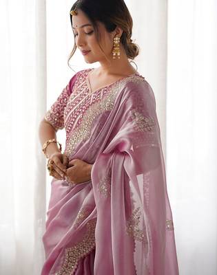 Pink tissue silk sequin embroideried scollped border festive blouse piece & sarees 4