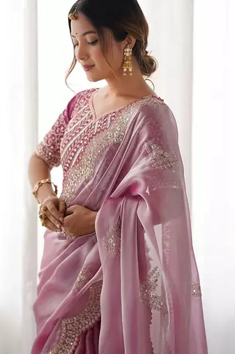 Pink tissue silk sequin embroideried scollped border festive blouse piece & sarees
