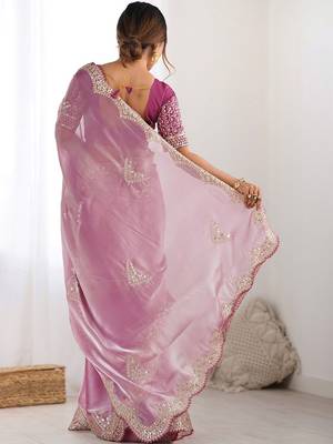 Pink tissue silk sequin embroideried scollped border festive blouse piece & sarees 5