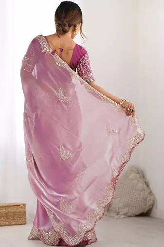 Pink tissue silk sequin embroideried scollped border festive blouse piece & sarees