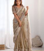 Beige tissue silk sequin embroideried scollped border festive blouse piece & sarees