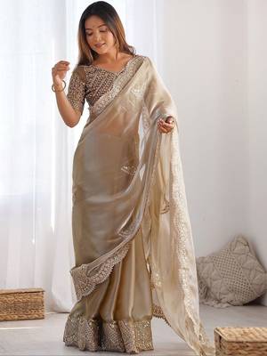 Beige tissue silk sequin embroideried scollped border festive blouse piece & sarees 3