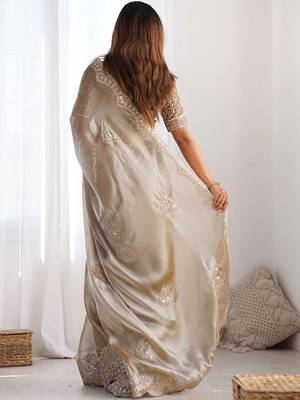Beige tissue silk sequin embroideried scollped border festive blouse piece & sarees 5