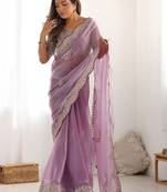 Purple tissue silk sequin embroideried scollped border festive blouse piece & sarees