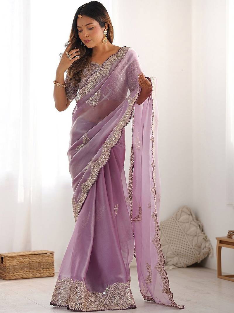 Purple tissue silk sequin embroideried scollped border festive blouse piece & sarees