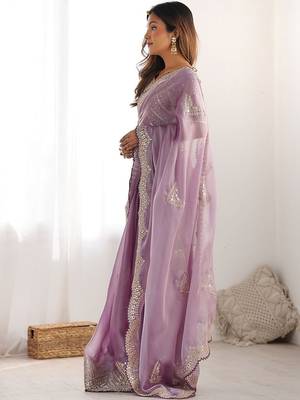 Purple tissue silk sequin embroideried scollped border festive blouse piece & sarees 2