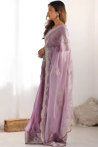 Purple tissue silk sequin embroideried scollped border festive blouse piece & sarees