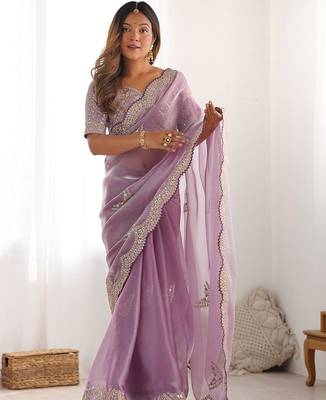 Purple tissue silk sequin embroideried scollped border festive blouse piece & sarees 3