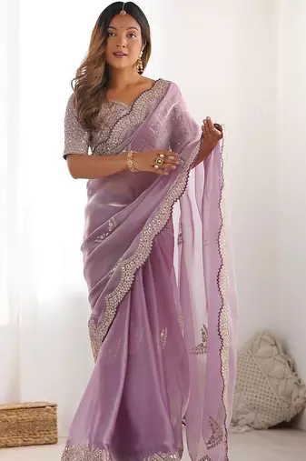 Purple tissue silk sequin embroideried scollped border festive blouse piece & sarees