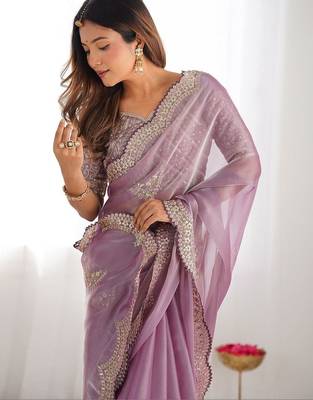 Purple tissue silk sequin embroideried scollped border festive blouse piece & sarees 4