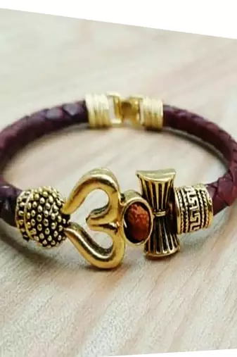 Leather Look Bracelet with Golden Designer Charms for Men