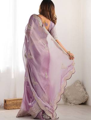 Purple tissue silk sequin embroideried scollped border festive blouse piece & sarees 5
