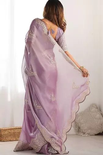 Purple tissue silk sequin embroideried scollped border festive blouse piece & sarees