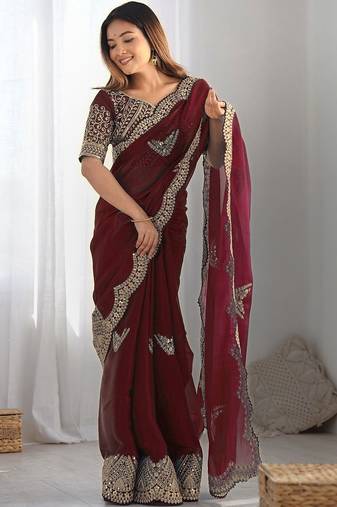 Maroon tissue silk sequin embroideried scalloped border blouse piece & sarees