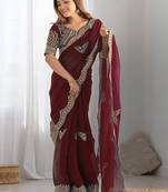 Maroon tissue silk sequin embroideried scalloped border blouse piece & sarees