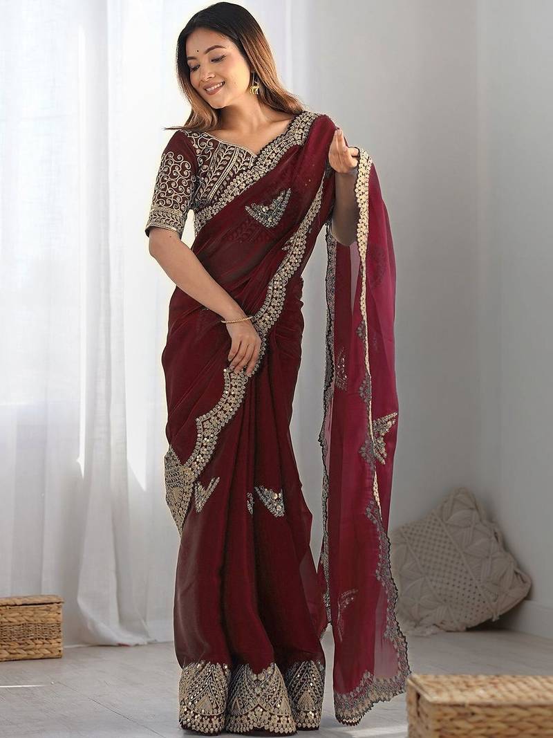 Maroon tissue silk sequin embroideried scalloped border blouse piece & sarees