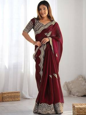 Maroon tissue silk sequin embroideried scalloped border blouse piece & sarees 2