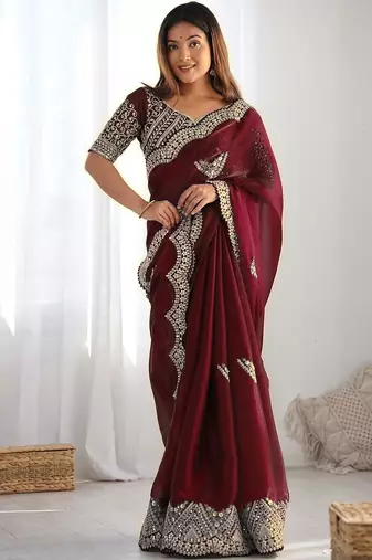Maroon tissue silk sequin embroideried scalloped border blouse piece & sarees